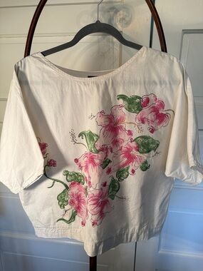 Handmade Cotton Floral Boxy Top Artsy Hibiscus Graphic Blouse